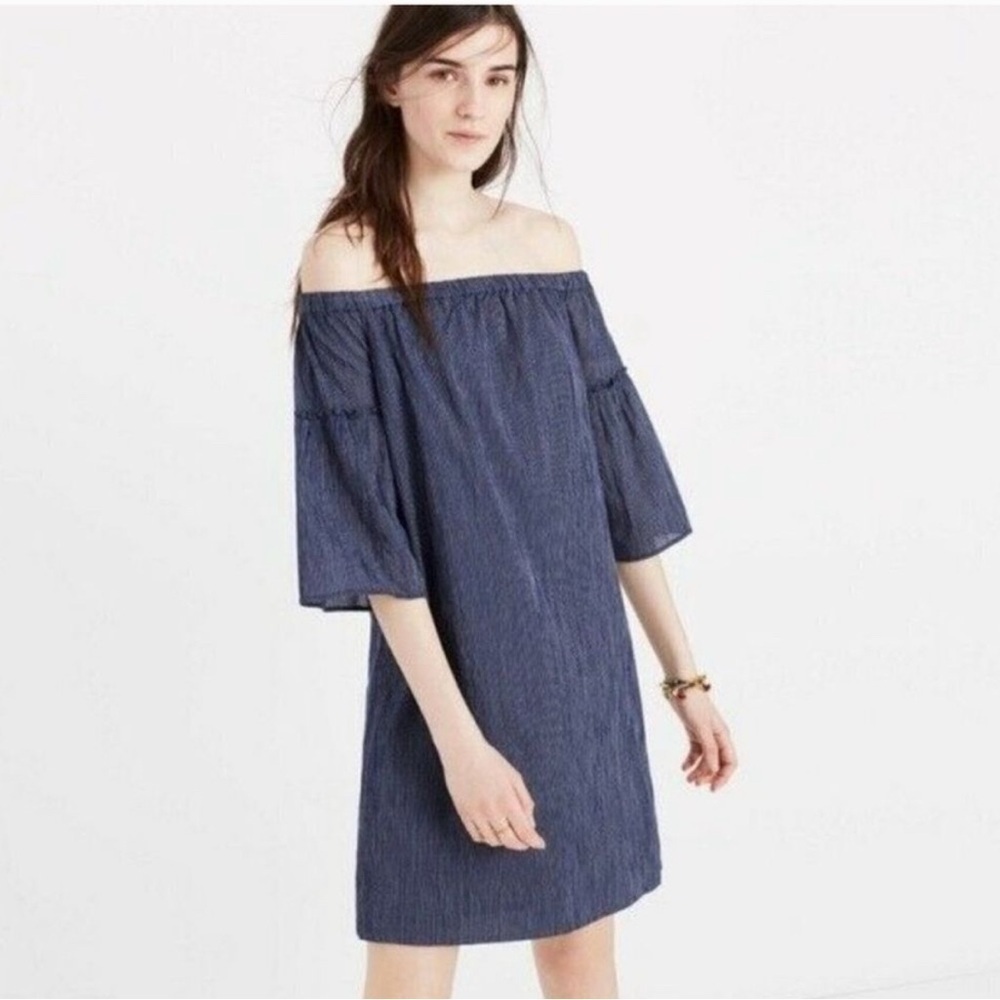 Madewell Navy Striped Off The Shoulder Dress